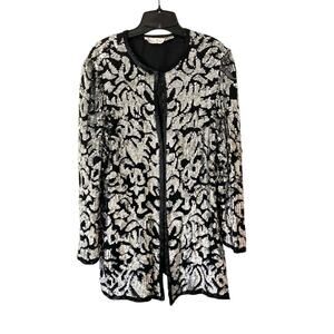 Vintage Laurence Kazar Silver Sequin Silk Black Evening Blazer Jacket size XL